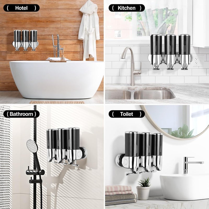 Aeakey Shampoo and Conditioner Dispenser,3 Chamber 1500ML Wall Mounted Shower Soap Dispenser with Transparent Window, No-Drill Installation for Bathroom, Kitchen, Hotel - Image 3